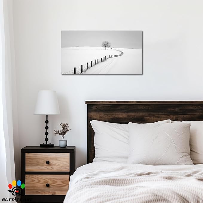 GUTTATY Christmas Winter Scene Canvas Wall Art, Snowy Farm Fence and Tree Pictures, Monochrome Print with Minimalist Artwork Style, Peaceful Posters for Living Room Bedroom Decor, 16x8 Inch