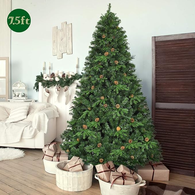 GOFLAME 7.5ft Artificial Pre-lit Christmas Tree with Warm White LED Lights and Pine Cones, Home Holiday Décor, Hinged, 1125 Branches for Indoor Decoration, Easy Setup
