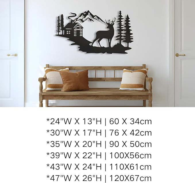 kuestboy Metal Wall Art Deer Forest Landscape, Mountain Cabin Scene Wildlife Design, Handcrafted Steel Wall Sculpture for Lodge, Cabin, Rustic Home Decor (39" X 22" | 100X56cm)