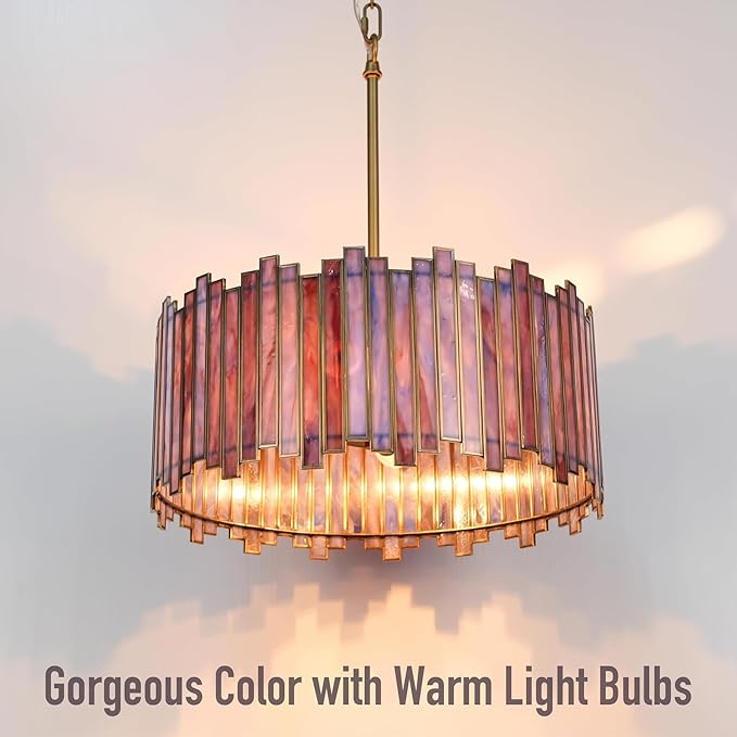 Drum Chandelier 4-Light, Brass Gold Tiffany Pendant Lighting Fixture with Stained Deep Blue Glass Shade, 16” Round Ceiling Hanging Lamp for Bedroom Dining Room Kitchen Entryway Living Room