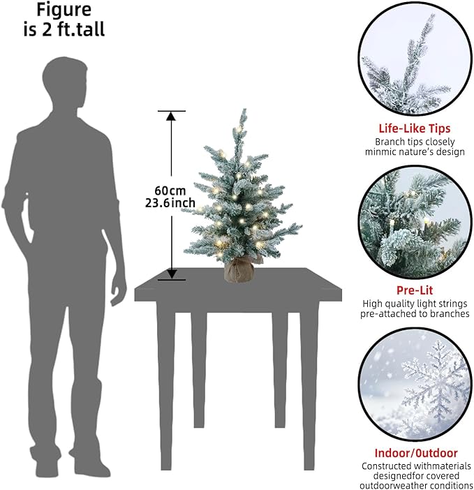 2ft Snow Flocked Prelit Small Christmas Tree Decorations with 35 Dual-Color LED Lights, Lighted Mini White Xmas Tree Artificial for Tabletop Mantle with 157 Tips, Burlap Base,Battery-Operated
