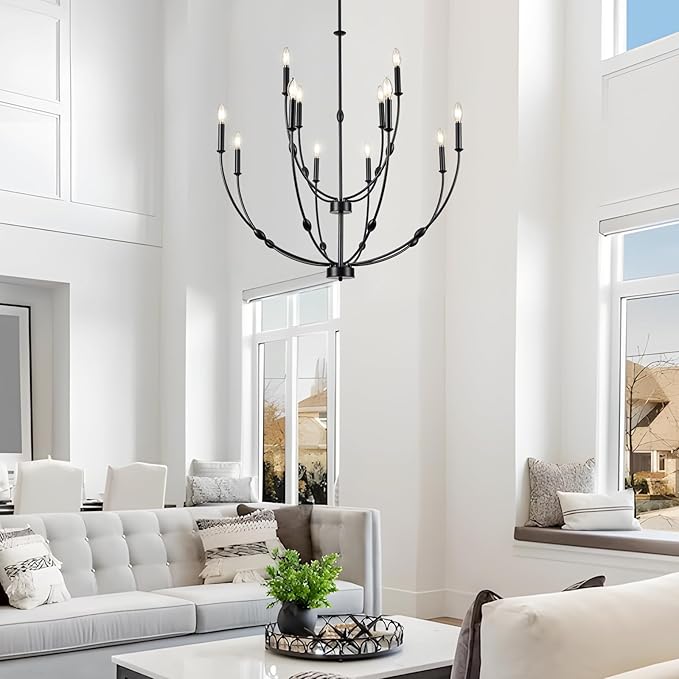 12-Lights Black Farmhouse Chandelier for Living Room, 35 Inch 2-Tiers Large Chandeliers for High Ceilings, Modern Rustic Candle Chandelier for Foyer Entryway