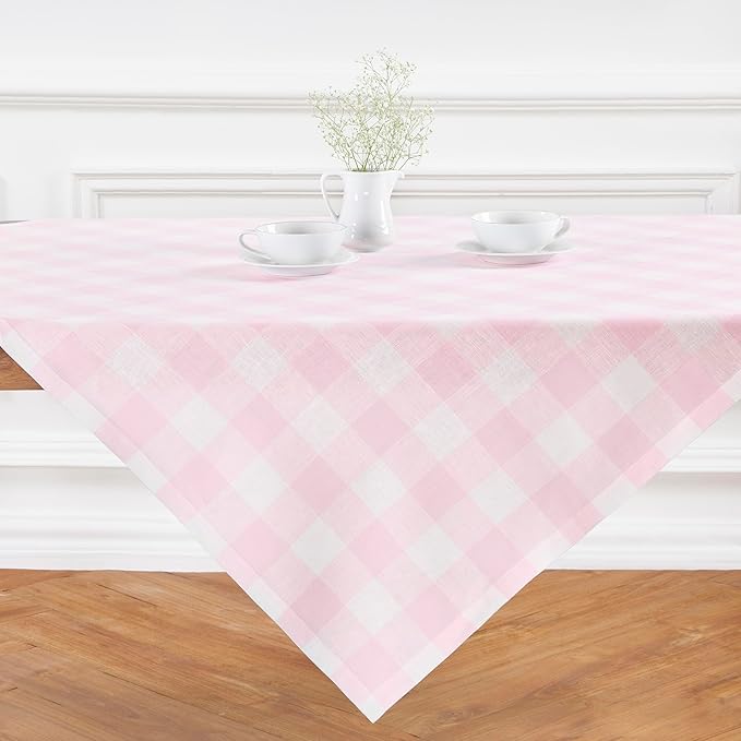 Solino Home Linen Checkered Tablecloth 52 x 52 Inch - 100% Pure Linen Marshmellow Pink Buffalo Plaid Square Tablecloth - Machine Washable Table Throw