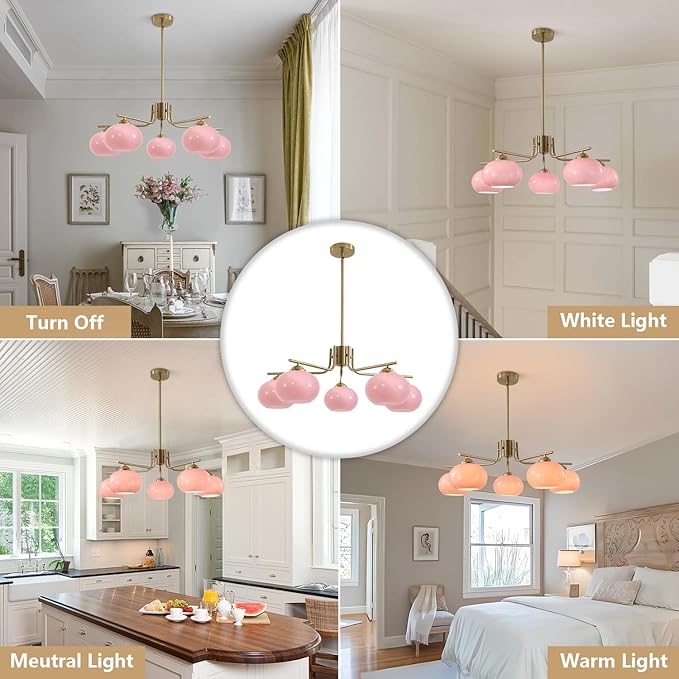 KCO Lighting Modern Pink Chandelier Pink Glass Pendant Light 5 Lights Gold Large Globe Chandelier Mid Century Flush Mount Ceiling Light Fixture for Dining Room Kitchen Island Living Room