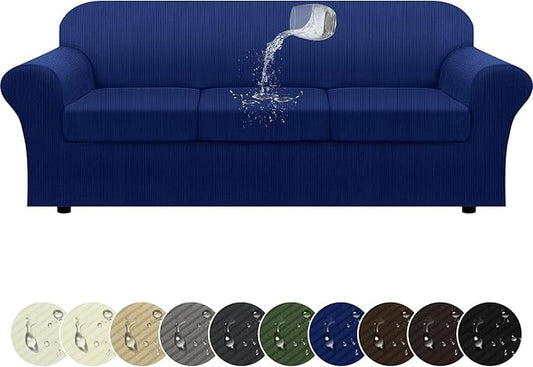 100% Waterproof Extra Large Couch Cover 4-Piece Set Striped Sofa Slipcovers for 3 Cushion Couch Covers with TPU Leakproof Bottom Stretch Protector Pet Proof - Sofa(3-Cushion), Navy