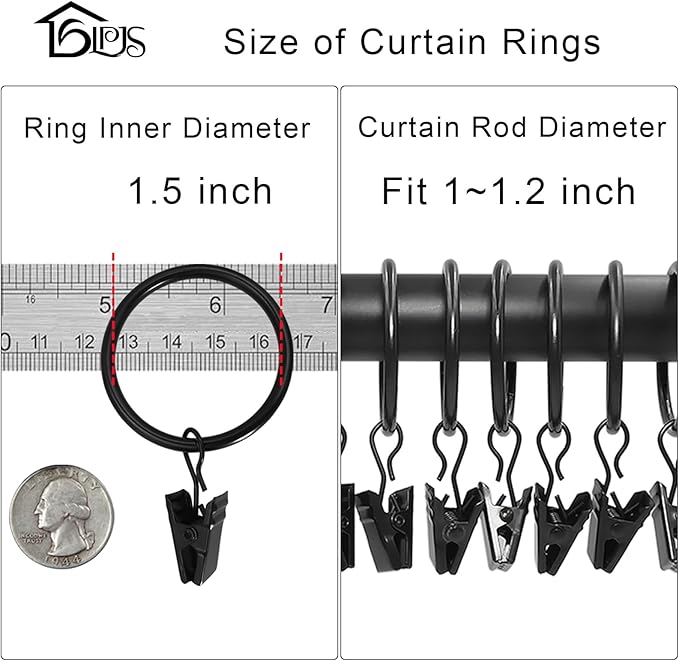 40 Pack Metal Curtain Rings with Clips, Curtain Clip Rings Hooks for Hanging Drapery Drapes Bows, Curtain Rod Rings 1.5 inch Interior Diameter, Black