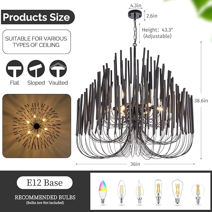 TOCHIC Modern Farmhouse Chandelier for Dining Room 36", Large Vintage Black Wood Chandeliers Light for Living Room, Rustic Pendant Lighting Fixture Ceiling Hanging for Foyer Bedroom Entryway
