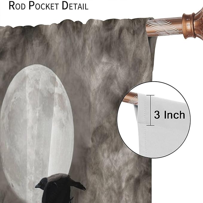 Gothic Crow Blackout Window Curtains, Gothic Style Dark Sky Full Moon Raven Halloween Pattern Window Drapes, for Home Bedroom Living Room 21(W)*45(L) 2 Panels