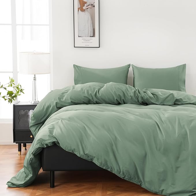 100% Organic Cotton Duvet Cover King 400 Thread Count Sateen Comforter Cover Soft and Breathable Cooling Bedding Set 3 Piece（Sage Green,King）