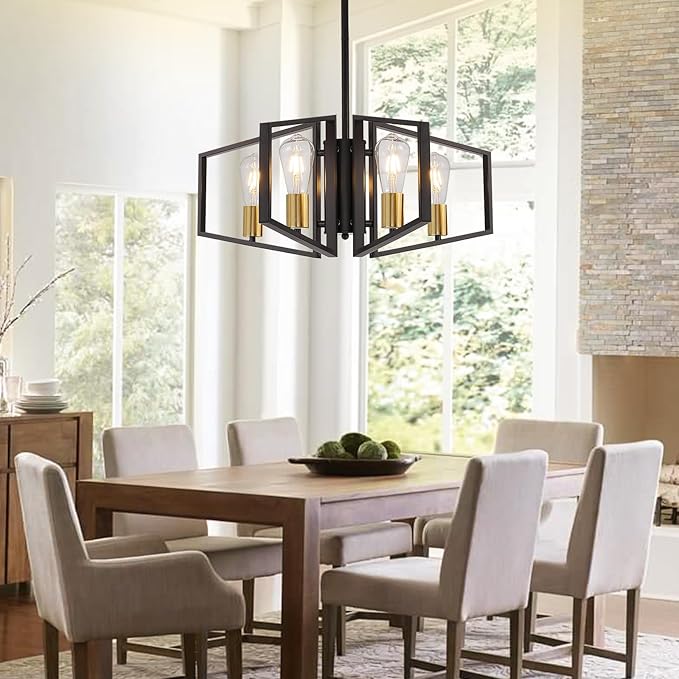 WJShome 4-Light Black and Gold Chandelier, Farmhouse Ceiling Light Fixtures, Dining Room Light Fixtures Over Table, Hanging Geometric Pendant Lights, for Kitchen Island, Bedroom, Foyer, Entryway