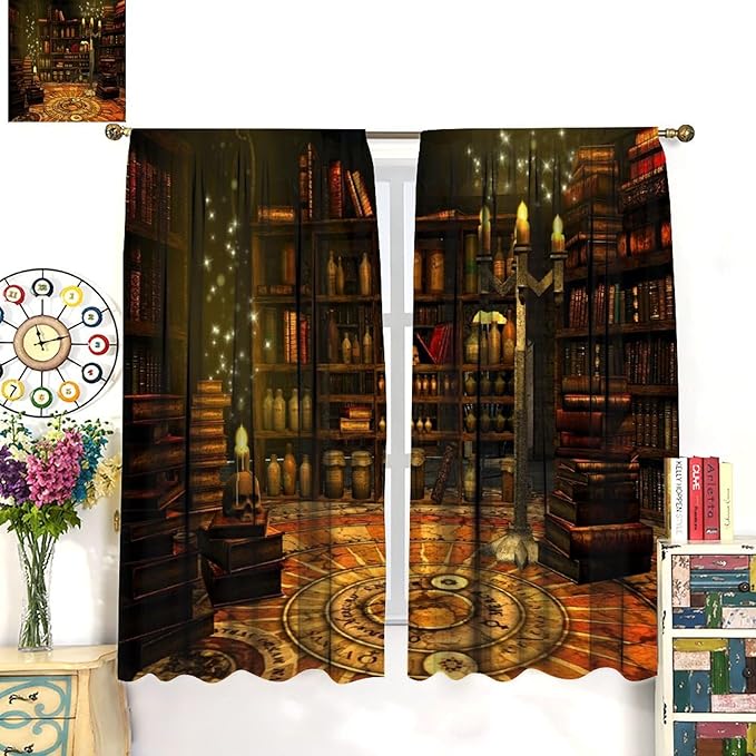 Gothic Mid Century Skeleton Blackout Curtains, Vintage Style Medieval Library Rod Pocket Window Drapes, for Living Room Bedroom 31.5(W)*63(L) 2 Panels