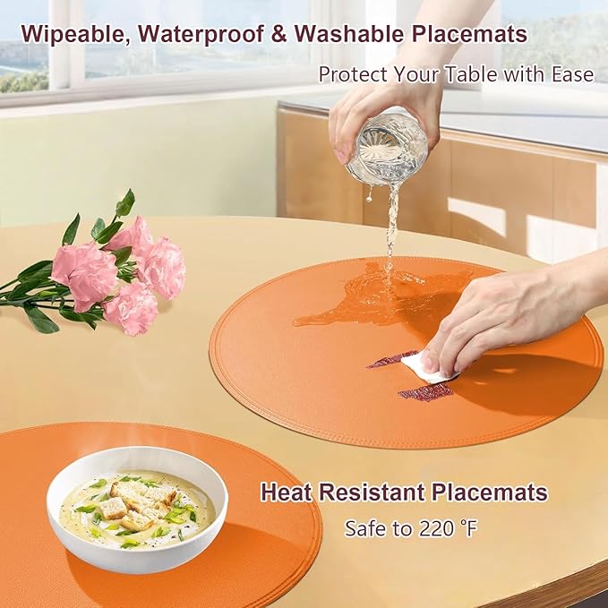Round Vinyl Orange Placemats Set of 6, Faux Leather Waterproof Wipeable Heat Resistant Place Mats, Washable Table Mats for Halloween, Thanksgiving & Christmas Dinner(Orange)