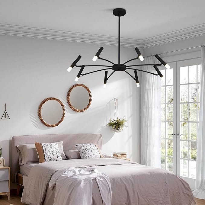 KCO Lighting 8 Light Black Metal Light Fixture Modern Foyer Chandelier Lighting Mid Century Industrial Sputnik Chandeliers Contemporary High Ceiling Chandelier Lights for Dining Room