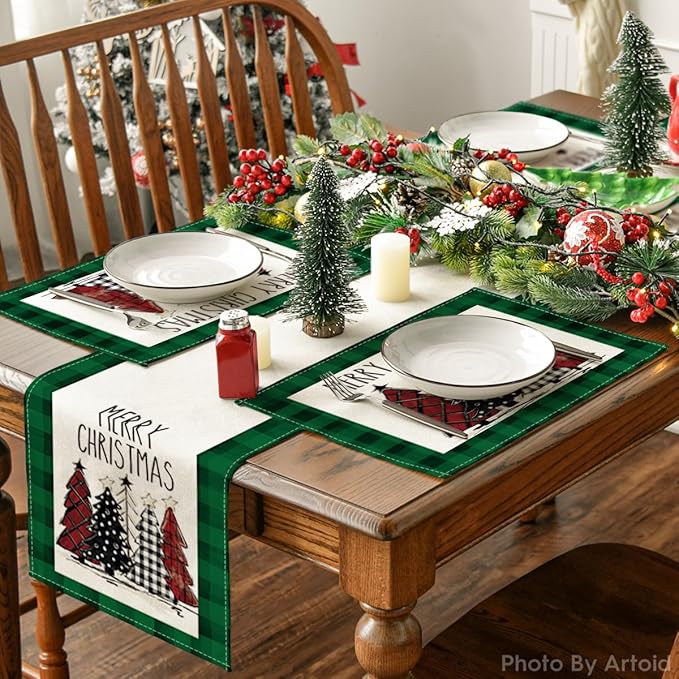 Artoid Mode Waterclor Green Buffalo Plaid Christmas Trees Placemats Set of 6, 12x18 Inch Winter Table Mats for Outdoor Home Party Kitchen Dining Decor