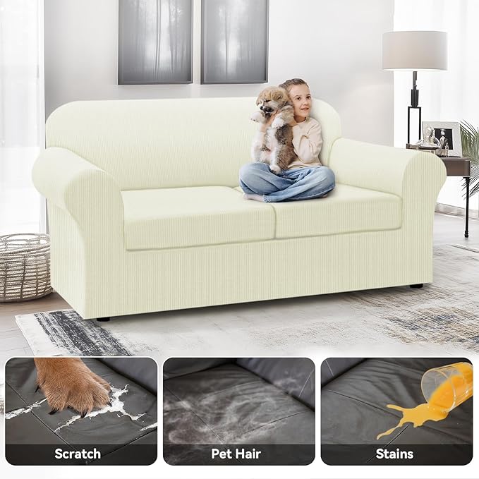 100% WaterproofCouch Cover 3-Piece Set Striped Sofa Slipcovers for 2 Cushion Couch Sofa Covers with TPU Leakproof Bottom Stretch Couch Protector Pet Proof - Sofa(2-Cushion), Ivory