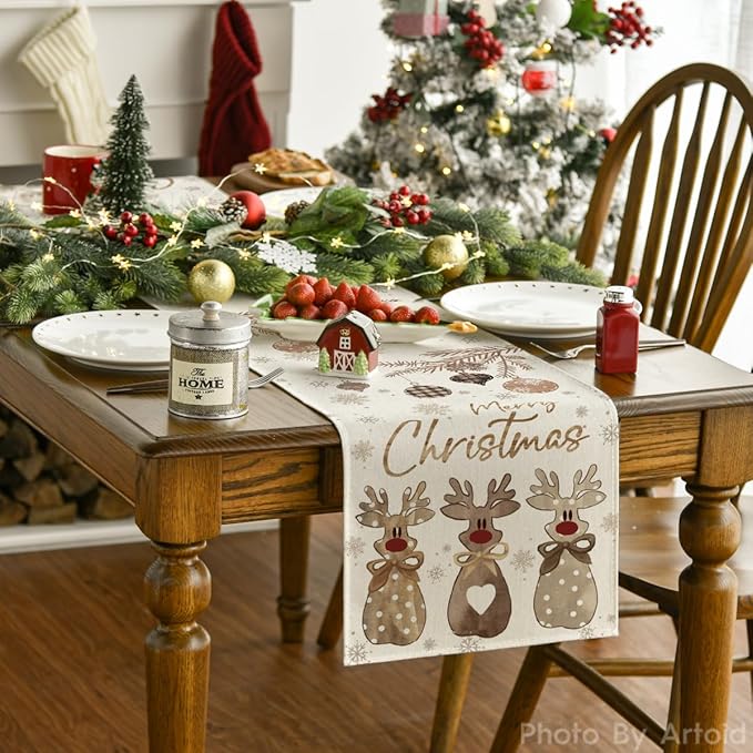 Artoid Mode Deer Snowflakes 210 GSM Merry Christmas Table Runner, Seasonal Winter Kitchen Dining Table Decoration for Home Party Decor 13x120 Inch