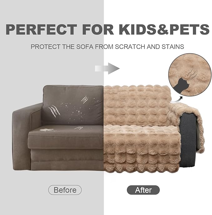 Plush and Fuzzy Shaggy Couch Cover, Dog Pad Faux Fur Sofa Cover, Water Resistant Slipcover, Non-Slip Furniture Protector for Kids,Dogs,Cats.(Light Brown-Bubble, Large Sofa)