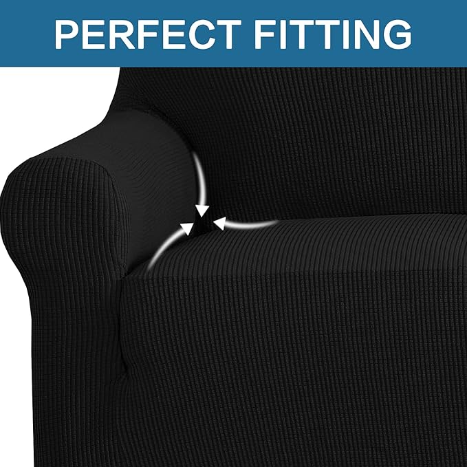 H.VERSAILTEX Stretch Couch Cover Slip Covers for Sofas/Couches 2 Cushions Pet Couch Covers for Sofa 1 Piece with Elastic Bottom, Textured Checked Jacquard Fabric(Loveseat 58"-70" Wide, Black)