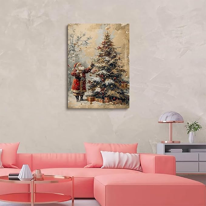 Vintage Christmas Santa Wall Art Prints,Neutral Santa & Tree Drawing,Winter Forest Holiday Poster,Antique Christmas Holiday Wall Decor