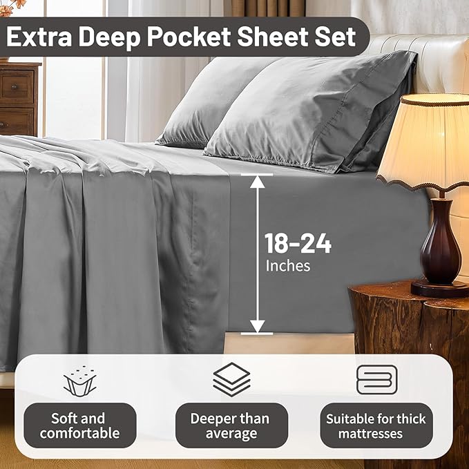 MEISHANG Extra Deep Pocket Cotton Sheets Queen Size - 100% Egyptian Cotton 1000 Thread Count - Fits 18"-24" in Deep Mattress,Oeko-Tex Certified, Soft & Breathable - 4 Piece (Queen, Silver Grey)