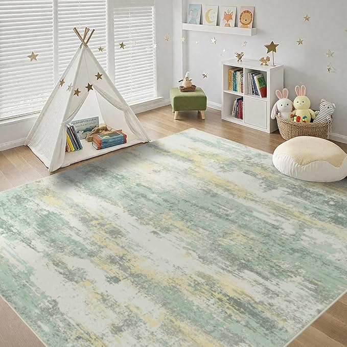 Rugflix 8x10 Area Rugs for Living Room, Washable Large Rug Stain-Resistant Low Pile, Modern Carpet for Dining Room Home Office Kid Room Nursery Bedroom, Light Green