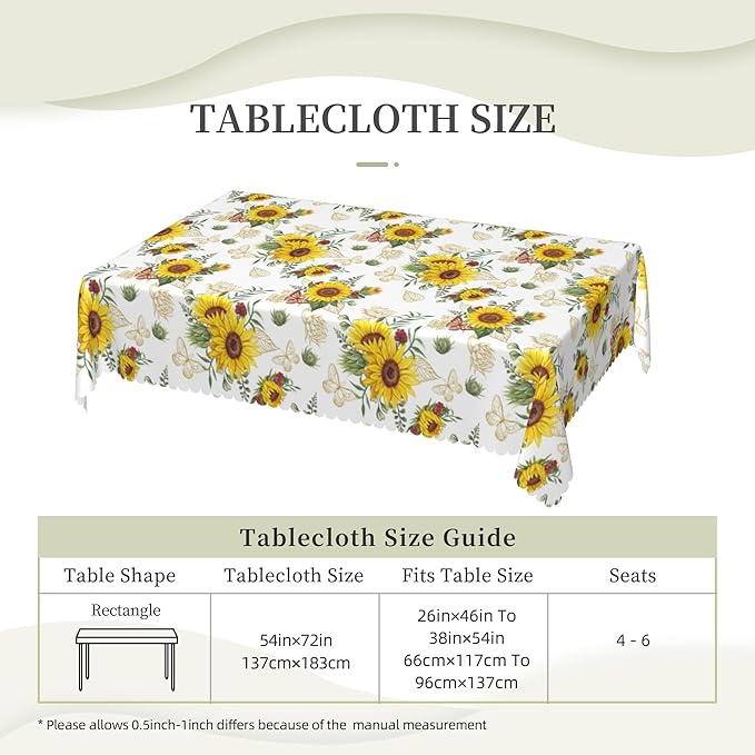 Sunflower Tablecloth Sunflowers Season Floral Rectangle Tablecloth Watercolor Flower Botanical Style Table Cover 54×72 Inch Washable Table Cloth for Kitchen Dining Room Party Decoration