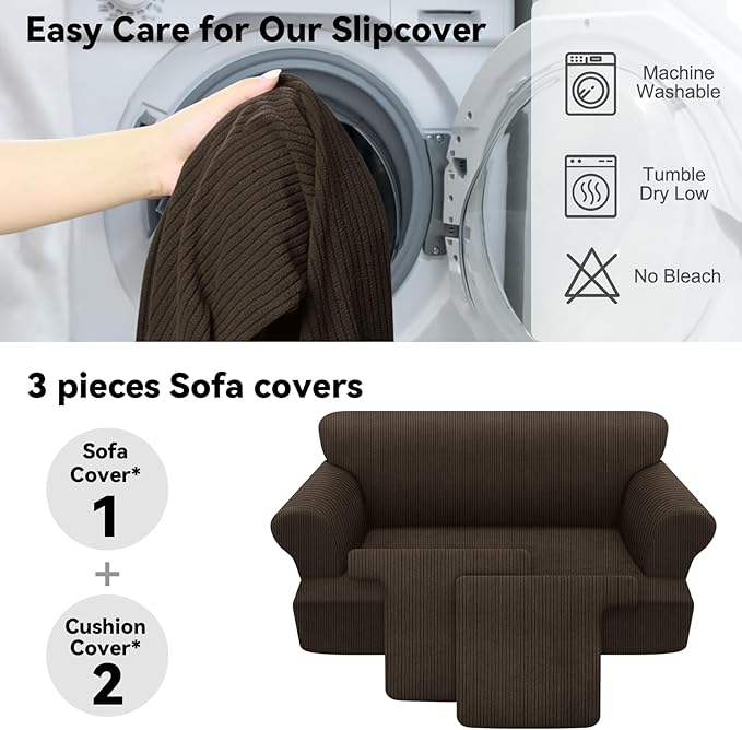 Waterproof Loveseat Cover 3-Piece Set Striped Slipcover for 2 Separate T Cushion Couch - TPU Fabric 2-Seater Sofa Covers Leakproof Couch Protector for Kids, Pets(Loveseat, Brown)
