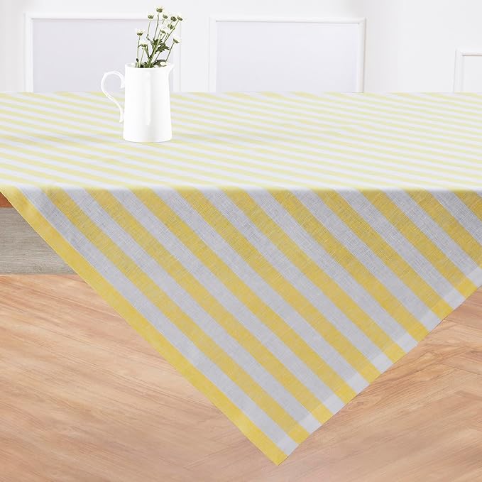 Solino Home Linen Square Tablecloth 52 x 52 Inch - Sorrento Stripe, 100% Pure Linen Yellow and White Table Throw - Machine Washable Tablecloth