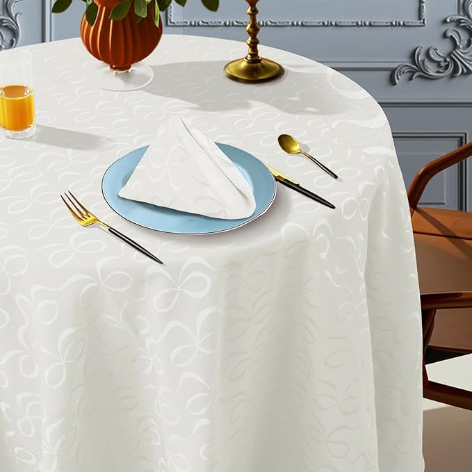 Off White Round Tablecloth 70 Inch Cloth for 5ft Tables (4-6 Seats) - Cotton & Polyester Blend- Fade Resistant - Washable & Reusable - 1PC Circle Table Cover for Wedding, Party & Dining, Bows Jacquard