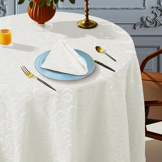 Off White Round Tablecloth 70 Inch Cloth for 5ft Tables (4-6 Seats) - Cotton & Polyester Blend- Fade Resistant - Washable & Reusable - 1PC Circle Table Cover for Wedding, Party & Dining, Bows Jacquard