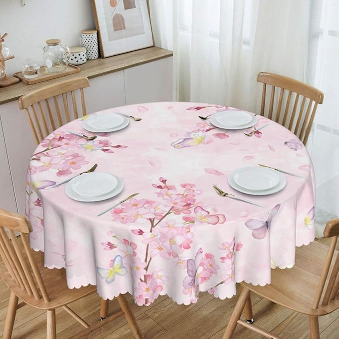 Cherry Blossom Tablecloth, Watercolor Pink Floral Butterfly Seasonal Farmhouse Water Resisitant Wipeable Table Cover for Dining Kitchen Living Room Home Party Holiday Decor 70 inch Round