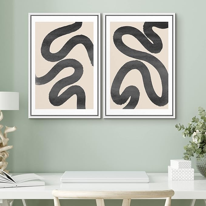 SIGNWIN Framed Wall Art Print Set Black Squiggly Lines Over Tan Background Abstract Swirly Digital Art Modern Art Mid-Century Modern Expressive for Living Room, Bedroom, Office - 16"x24"x2 White