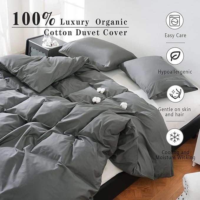 100% Organic Cotton Oversized King Duvet Cover 400 Thread Count Percale 120x98 Inches Sateen Comforter Cover Soft and Breathable Bedding Set 3 Piece（Dark Grey,Oversized King）