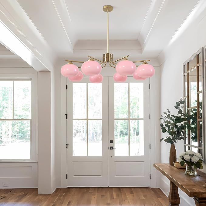 KCO Lighting 8 Lights Pink Bubble Chandelier Modern Kitchen Island Pendant Light Brushed Brass Chandelier Flush Mount Dining Room Living Room Light Fixture