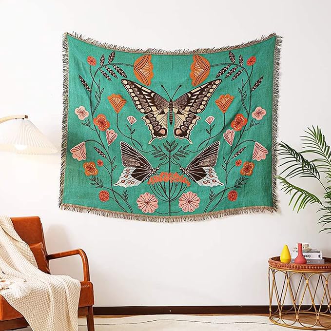 Double-Sided Cotton Woven Throw Blanket with Tassel Jungle Bohemian Style Tapestry Shawl Multi-Function Decorative Throws for Sofa Bed Armchair Camping Blanket Tablecloth Carpet 160x130cm