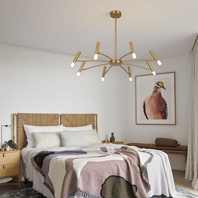 KCO Lighting Contemporary 8 Lights LED Chandeliers Brushed Brass Living Room Light Fixture Gold Sputnik Flush Mount Ceiling Light Fixture Small Modern Ceiling Lamp for Bedroom
