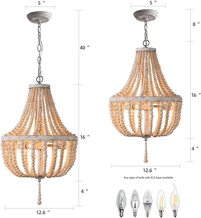 3-Lights Wood Bead Chandelier Boho Light Fixture,Antique Rustic Metal White Oak Beaded Chandelier Kitchen Island Pendant Lighting for Dining Room,Bedroom,Entryway,Foyer