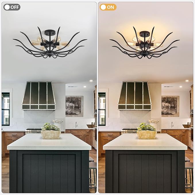 Semi Flush Mount Ceiling Light, 6 Lights Modern Black Light Fixture for Farmhouse Kitchen Dining Room Bedroom Living Room Hallway