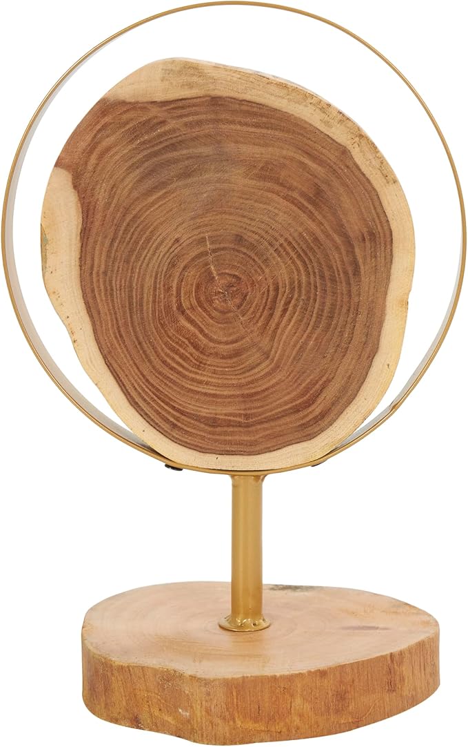 Deco 79 Wood Abstract Handmade Decorative Sculpture Live Edge Slab Home Decor Statues with Gold Metal Rings, Set of 2 Accent Figurines 14", 11"H, Brown