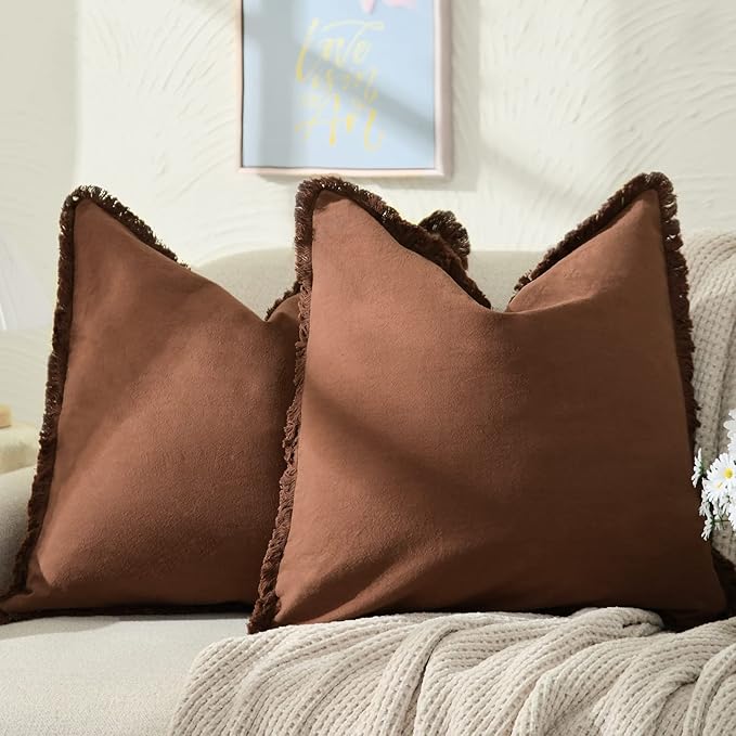 ZWJD Pillow Covers 24x24 Set of 2 Coffee Throw Pillow Covers with Fringe Chic Cotton Decorative Pillows Square Cushion Covers for Sofa Couch Bed Living Room Farmhouse Boho Decor