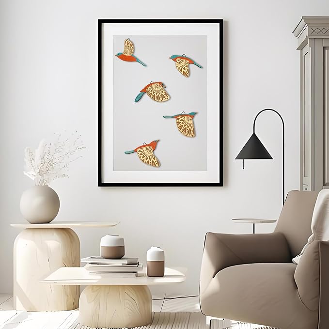 Vumyhuby 5 Pcs Teal Wooden Bird Wall Art | Rustic Folk Art Wall Decor for Indoor Use | Handcrafted Wood Flying Birds Wall Hangings for Living Room, Bedroom, Kitchen, Office | Scandinavian Home Decor Gift