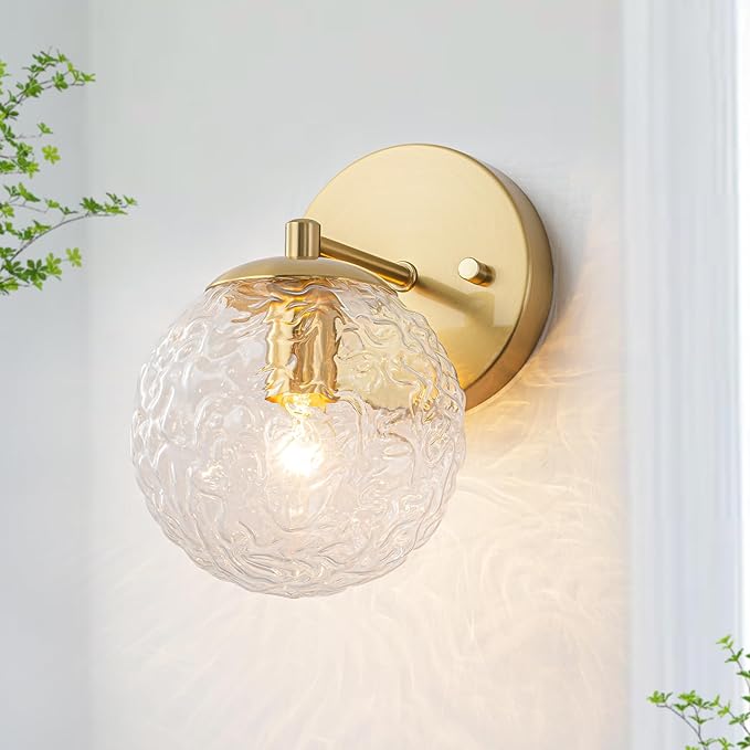 Gold Wall Sconce, Gold Vanity Sconce Lighting, Globe Ripple Glass Wall Light Fixture, Hardwired Wall Sconces for Bathroom Hallway Bedroom Bedside Living Room Stairs Kitchen Loft (E12)