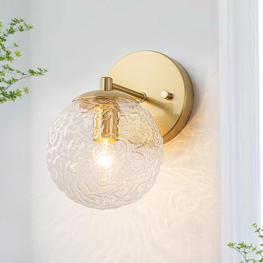Gold Wall Sconce, Gold Vanity Sconce Lighting, Globe Ripple Glass Wall Light Fixture, Hardwired Wall Sconces for Bathroom Hallway Bedroom Bedside Living Room Stairs Kitchen Loft (E12)
