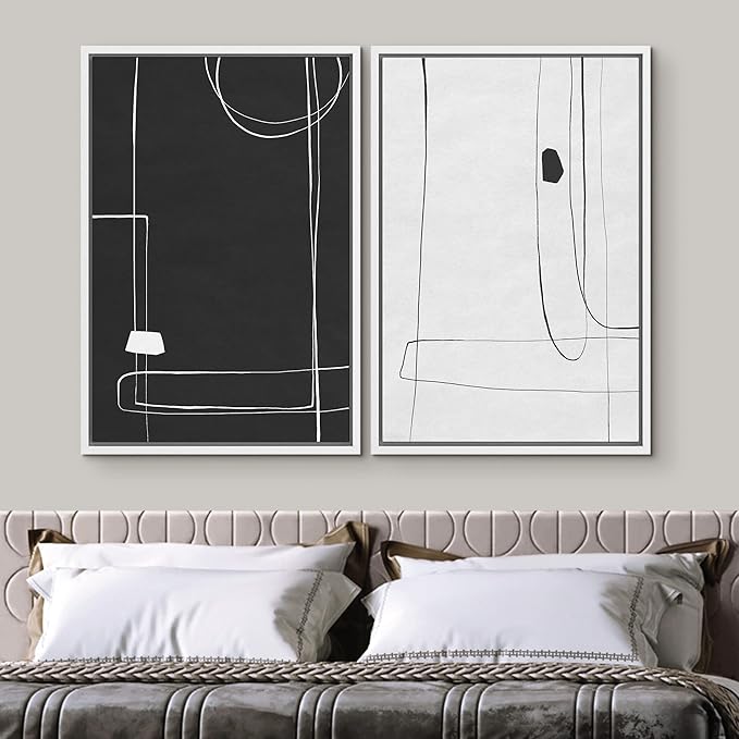 SIGNWIN Framed Canvas Print Wall Art Set Grunge Mid-Century Geometric Lines Abstract Shapes Illustrations Modern Art Minimal Boho Relax/Calm for Living Room, Bedroom, Office - 16"x24"x2 White