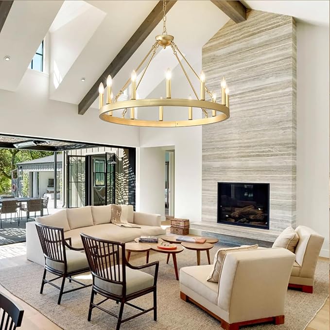 Gold Wagon Wheel Chandelier Farmhouse 32-Inch, 12-Light Modern Gold Chandelier for Dining Room, Round Iron Industrial Chandeliers Light Fixture for Living Room, Foyer, Entryway, E12