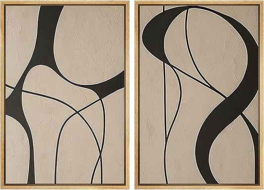 SIGNWIN Framed Canvas Print Wall Art Set Neutral Beige and Black Abstract Line Modern Minimalist Modern Art Minimal Boho Relax/Calm for Living Room, Bedroom, Office - 24"x36"x2 Natural