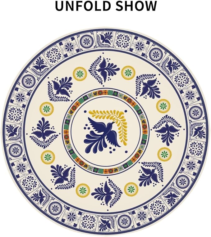 Mexican Round Tablecloth, Floral Bird Talavera Ceramic Tile Dia De Los Muertos Azulejo Mosaic Water Resisitant Table Cover for Dining Kitchen Living Room Home Party Holiday Decor 36 inch Round