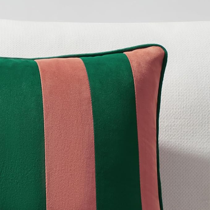 MONDAY MOOSE Decorative Throw Pillow Covers Cushion Cases, Set of 2 Soft Velvet Striped Piping Edge Designs, Pillow Inserts Not Included (Pink/Green, 20x20 inch)