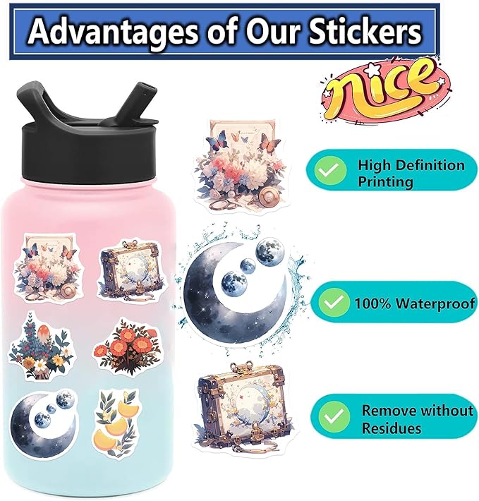 Yoksas Nature Flower Moon Stickers - 50Pcs Vinyl Aesthetics Forest Plants Stickers for Water Bottles,Laptops,Scrapbooks,Journals,Tumbler