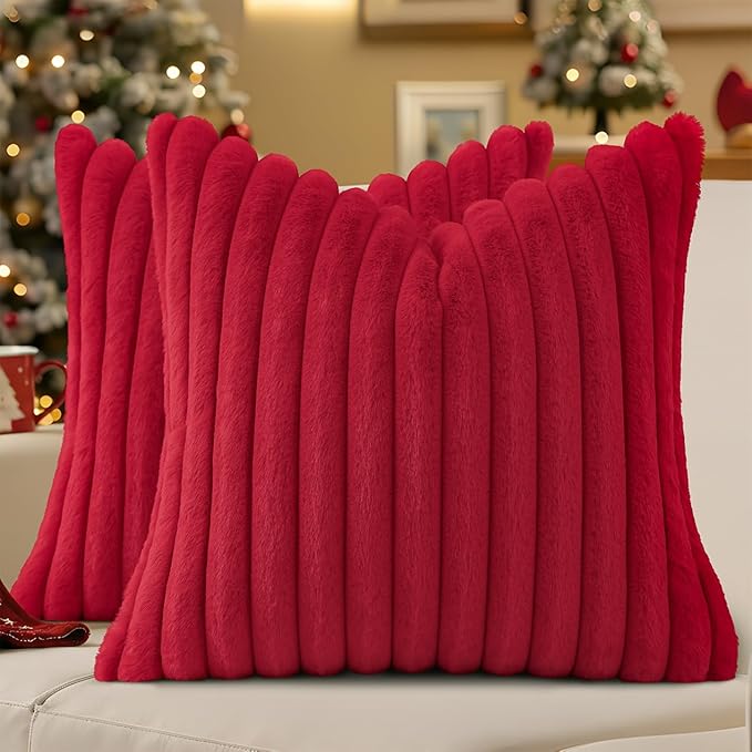 decorUhome Faux Fur Christmas Throw Pillow Covers 20x20 Set of 2, Decorative Soft Plush Striped Neutral Couch Euro Pillow Covers with Velvet Back for Sofa, Bed, Living Room Home Decor, Red